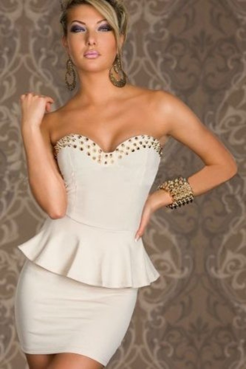 Gold Spiked Sweetheart Neckline Off Shoulder Peplum White